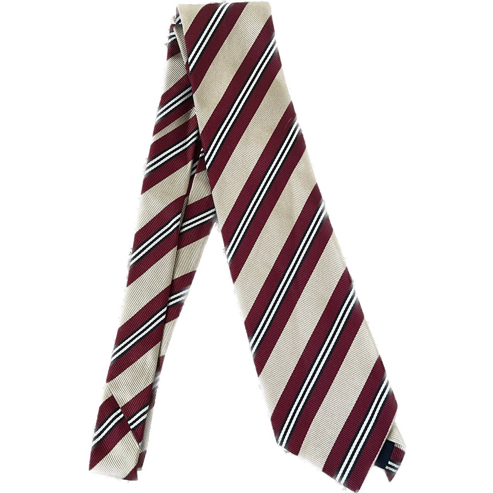 Burberry Crimson Gold Striped Handmade Silk England Neck Tie